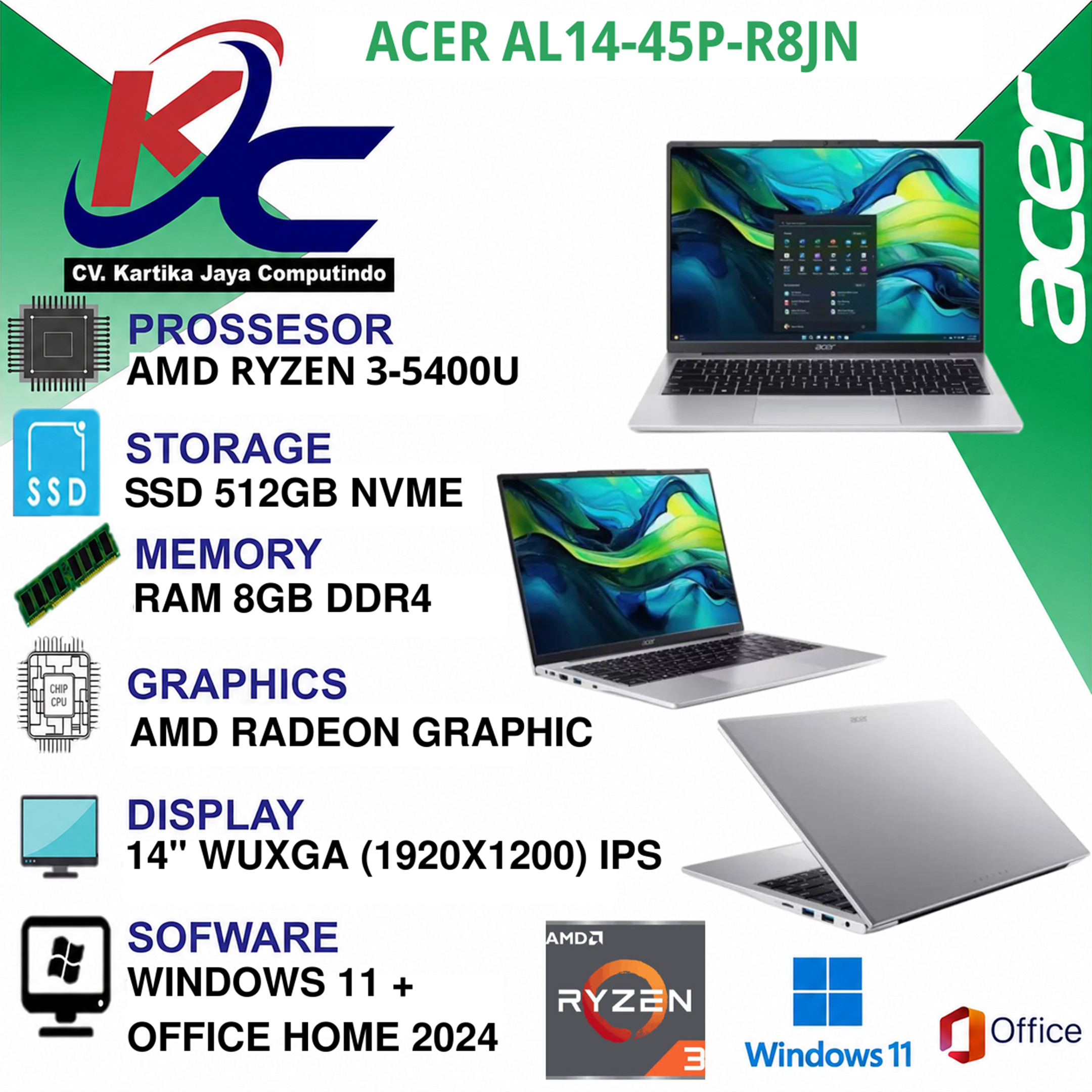 ACER AL14-45P-R8JN  R3-5400U/ 8GB/ SSD 512GB/ IPS/ W11 OHS+M365 SILVER